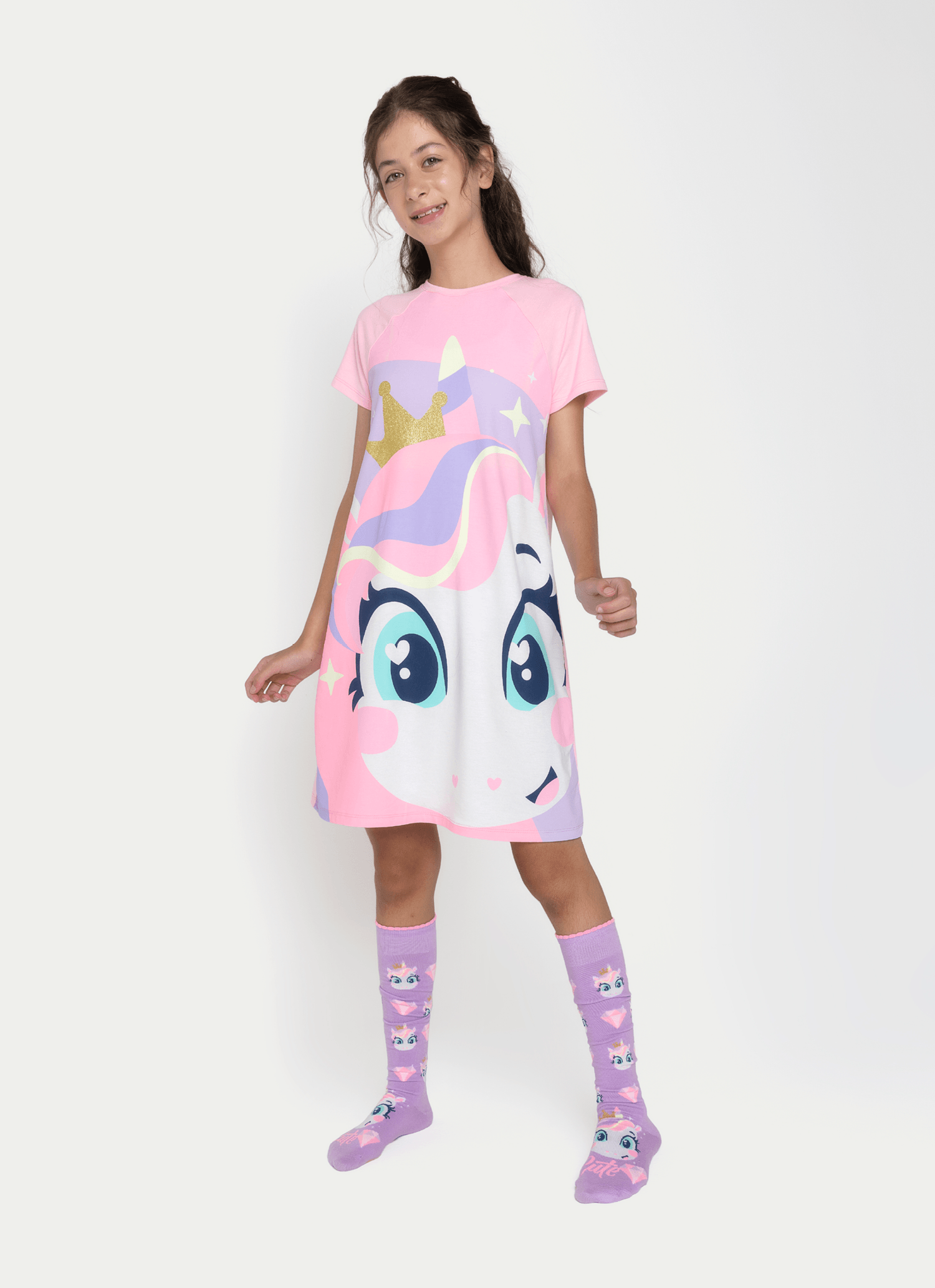 Camisola Manga Curta Viscolycra Menina Teen Unicórnio Diamante