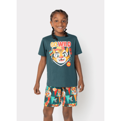 Pijama Manga Curta Algodão Menino Tigre Camping