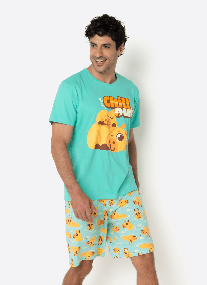 Pijama Manga Curta Algodão Masculino Capivara Vibes