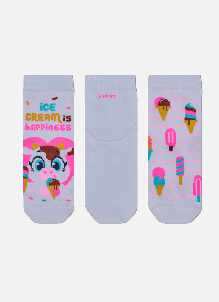 Kit com 3 Meias Cano Curto Feminina Vaca Sorvete