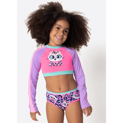 Conjunto Cropped e Calcinha com Proteção Solar Menina Onça Fantástica