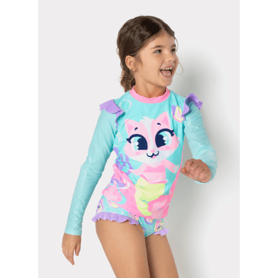 Conjunto Camiseta e Calcinha com Proteção Solar Menina Gata Sereia