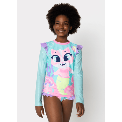 Conjunto Camiseta e Calcinha com Proteção Solar Menina Teen 10/12 anos Gata Sereia