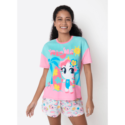 Pijama Manga Curta Viscolycra Feminino Unicórnio Aloha