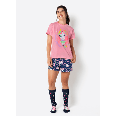 Pijama Manga Curta Algodão Feminino Unicórnio Encantada