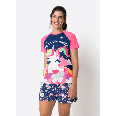 Pijama Manga Curta Viscolycra Feminino Unicórnio Encantada