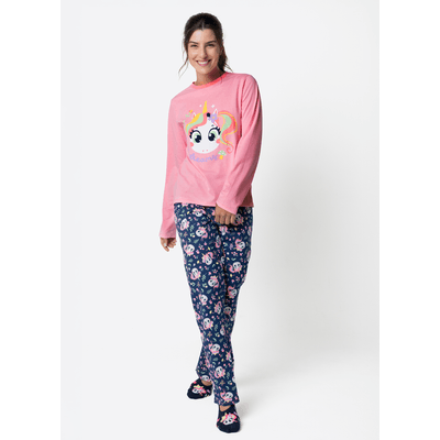 Pijama Manga Longa Algodão Feminino Unicórnio Encantada