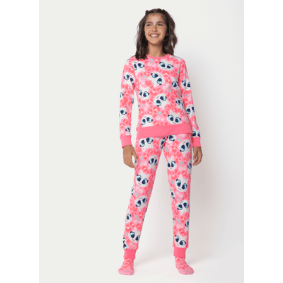 Pijama Manga Longa Moletinho Menina Teen Gata Cereja
