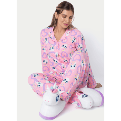 Pijama Manga Longa Viscolycra Feminino Unicórnio Diamante