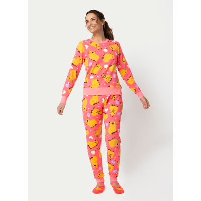 Pijama Manga Longa Moletinho Feminino Capivara Chocolate